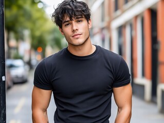 a young man in a black shirt leaning against a pole