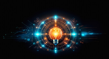 Poster - A vibrant lightbulb emits a bright glow, encircled by abstract geometric shapes and lines in blue and orange against a dark backdrop, suggesting innovation and futuristic technology.