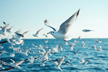 Fototapete - Seagulls flying over the ocean during a sunny day at the seaside. Generative AI