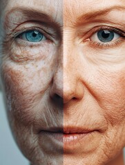 Poster - Transformation of skin over time showcased through an aged face with wrinkles contrasted against smooth youthful skin. Generative AI
