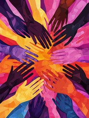 Aufkleber - Interconnected hands representing unity with diverse skin tones in a vibrant, supportive arrangement. Generative AI