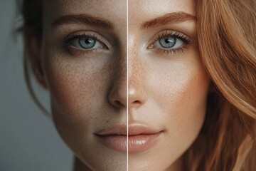 Poster - Contrast of aging and youth shown through a womans face with visible wrinkles on one side and flawless skin on the other. Generative AI