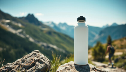 white water bottle - mockup for text or logo, leaning on a rock on a hiking trail, mountains in the 