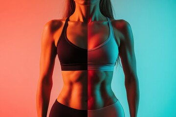 Poster - Transformation journey showcasing a womans fitness evolution in a vibrant fitness studio setting. Generative AI