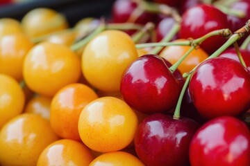 Fototapete - Fresh cherries and yellow cherries arranged beautifully at a farmers market stand on a sunny day in summer. Generative AI