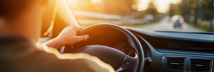 Poster - Driving along a sunlit road with a focus on the steering wheel and horizon at golden hour. Generative AI
