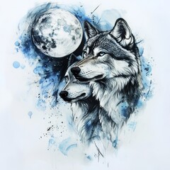  Mystical Wolf Under the Moon: An enchanting image presents two majestic wolves, their eyes gleaming under the watchful gaze of the moon, creating a mesmerizing scene.