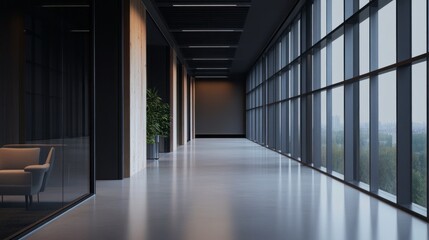 Fototapete - Stretched along the corridor, tall windows let in soft, natural light that contrasts with the dark interior. The silence creates a sense of tranquility as reflections play on the polished floor