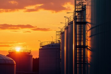 Poster - Massive industrial gas storage tanks illuminated by sunset in a warm orange sky. Generative AI