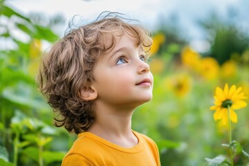 Poster - Child gazing at sunflowers in a vibrant field on a bright sunny day. Generative AI
