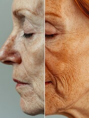Poster - Transforming aging with skincare reveals a striking contrast of youthful and aged skin in one face. Generative AI