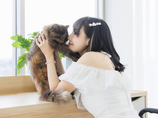 Asian happy young beautiful cheerful woman sitting playing with her cat on table fluffy tortoiseshell cute kitten breed pussycat pet friend in white room leisure time at home Concept love animal care