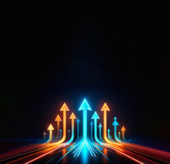 Aufkleber - Glowing arrows in vibrant blue and orange hues ascend against a dark backdrop, symbolizing upward direction, growth, and forward progress.