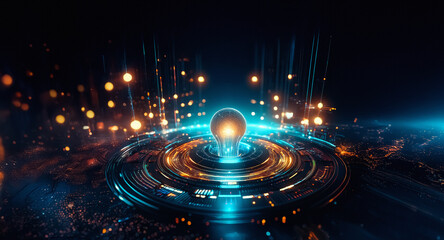 Aufkleber - Glowing lightbulb radiates energy, surrounded by digital circuits and glowing particles in a dark environment.  A concept of bright idea, innovation, and technology.