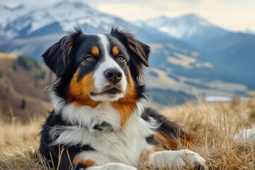 Aufkleber - Majestic dog relaxing on a hillside with mountains in the background during a cloudy day. Generative AI
