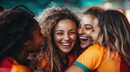 Wall Mural - group of joyful female soccer players huddled together, celebrating victory with bright smiles and camaraderie. vibrant team spirit is evident in their expressions