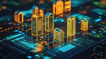 Futuristic city skyline with illuminated buildings and digital technology interface concept
