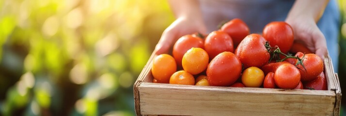 Aufkleber - Red tomatoes Harvested from a sunny garden in the afternoon glow during a seasonal gathering of fresh produce. Generative AI
