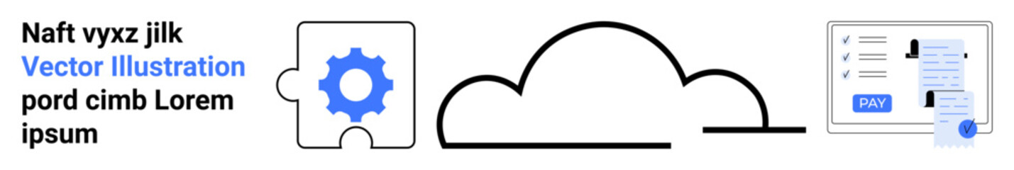 Puzzle piece with gear, cloud outline, and interface with form and submit button. Ideal for technology, automation, innovation, cloud solutions, digital services, teamwork abstract line flat