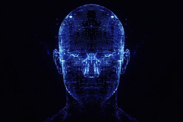 Fototapete - Silhouette of a human head with a circuit board pattern and glowing lines representing futuristic AI design. Generative AI