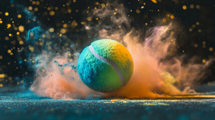 A tennis ball is in the air with a lot of dust and smoke around it