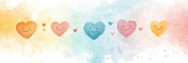 Aufkleber - Charming watercolor hearts in shades of pink, blue and yellow with cheerful expressions on a soft gradient backdrop. Generative AI
