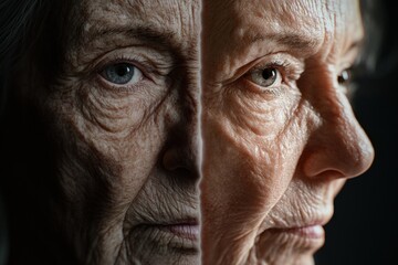 Poster - Transformation from age to youth captured in a split depiction of facial features and skin texture at different life stages. Generative AI