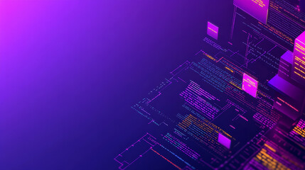 Wall Mural - hackathon isometric landing page. 3d typography with binary code on purple neon colored background. 