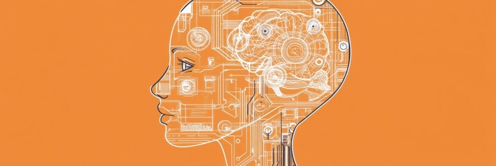Leinwandbilder - Human head outline with schematic mechanisms depicting elements of artificial intelligence technology. Generative AI