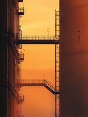 Aufkleber - Massive industrial gas storage tanks silhouetted against a warm orange sky at sunset. Generative AI