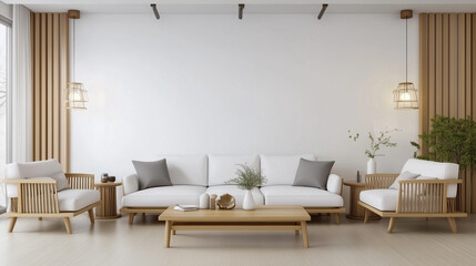 Fototapete - 3D rendering of a modern living room interior design featuring a white sofa, wooden elements, and a light wall background. The minimalist home decor concept incorporates Japanese-style design elements