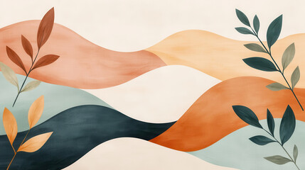 Poster - Abstract design with flowing organic shapes and leaves in warm and cool tones
