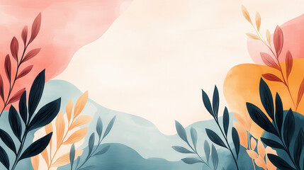 Poster - contemporary artistic background with overlapping organic shapes and abstract leaves in soft pastel colors creates serene and modern design