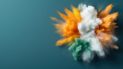 Poster - vibrant explosion of colorful powder against teal background creates dynamic and energetic visual. burst includes shades of orange, white, and green, forming striking contrast