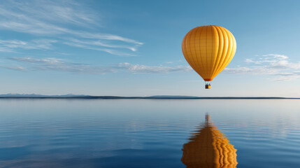 Wall Mural - vibrant hot air balloon floats gracefully over calm lake, reflecting beautifully