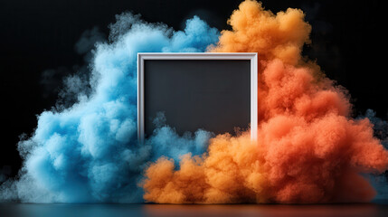 Poster - dynamic abstract art piece featuring empty floating frame surrounded by vibrant blue and orange smoke clouds, creating striking contrast