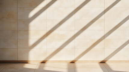 Leinwandbilder - Sunlight streams through elegant modern architectural space, casting shadows on tiled wall. warm tones and geometric patterns create serene atmosphere