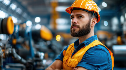 Poster - man wearing safety helmet and vest stands confidently in industrial setting, surrounded by machinery and equipment. environment suggests focus on manufacturing or engineering
