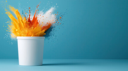 Poster - vibrant explosion of colorful powder bursts from white container against blue background, creating dynamic and energetic scene