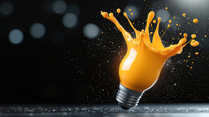 Poster - illuminated incandescent bulb with dynamic paint splash creates vibrant and artistic visual effect against dark background. splash adds sense of motion and creativity to scene
