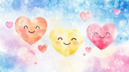 Fototapete - Whimsical watercolor hearts in soft pastel colors conveying joy and love in a cheerful artistic display. Generative AI