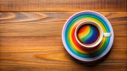 Wall Mural - lgbt rainbow colors wrapped around a coffee cup with a saucer on a wooden table, abstract, design, a