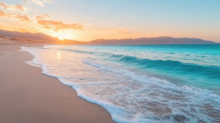 Aufkleber - Beautiful sunset over serene beach with gentle waves and clear blue water, capturing tranquil moments by the coast. Generative AI