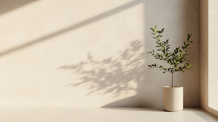 Leinwandbilder - potted plant casts shadow on sunlit minimalist wall, creating abstract and serene atmosphere. natural light enhances simplicity and elegance of space