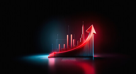 Fototapete - Illuminated bar graph shows positive growth with a prominent red arrow pointing upwards, indicating success and progress against a dark backdrop.
