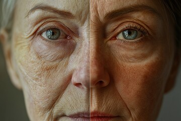 Aufkleber - Transformation between age and youth shown in a split image of a womans face with distinct skin qualities. Generative AI