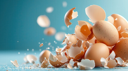 Leinwandbilder - dynamic image of eggshell fragments with smooth curves and subtle shadows, set against blue background, creating sense of motion and fragility