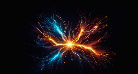 Aufkleber - A vibrant abstract energy design bursts forth with streaks of blue and orange light from a central point, creating a dynamic and electrifying visual on a dark backdrop.