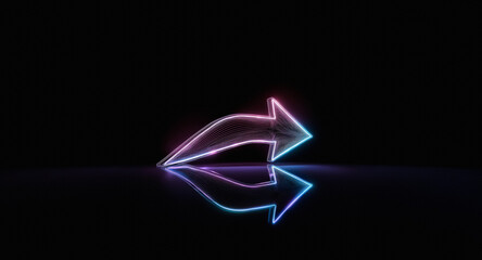 Poster - Glowing neon arrow sign points right, reflecting on a dark surface. The arrow is illuminated with vibrant purple and blue colors, creating a modern and digital look.