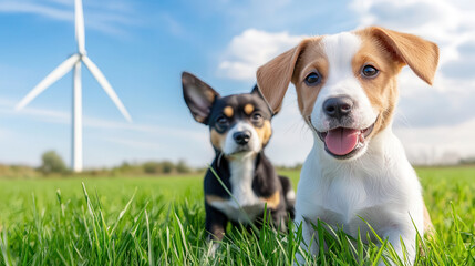 Aufkleber - Two playful puppies in grassy field with wind turbine in background, showcasing renewable energy and nature. scene captures sense of joy and sustainability